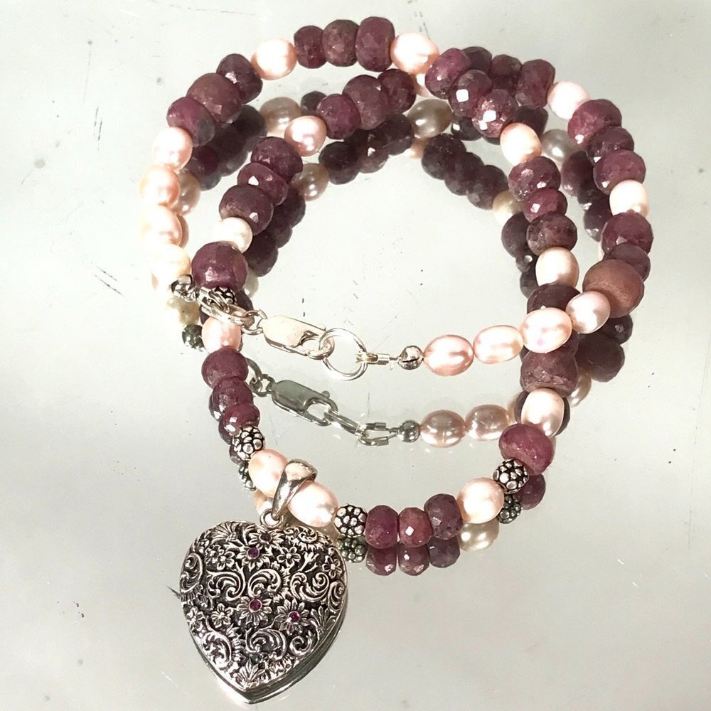 Genuine Ruby Gemstone Pearl Heart 925 Victorian Sterling Silver Necklace Pendant - Picture 7 of 10